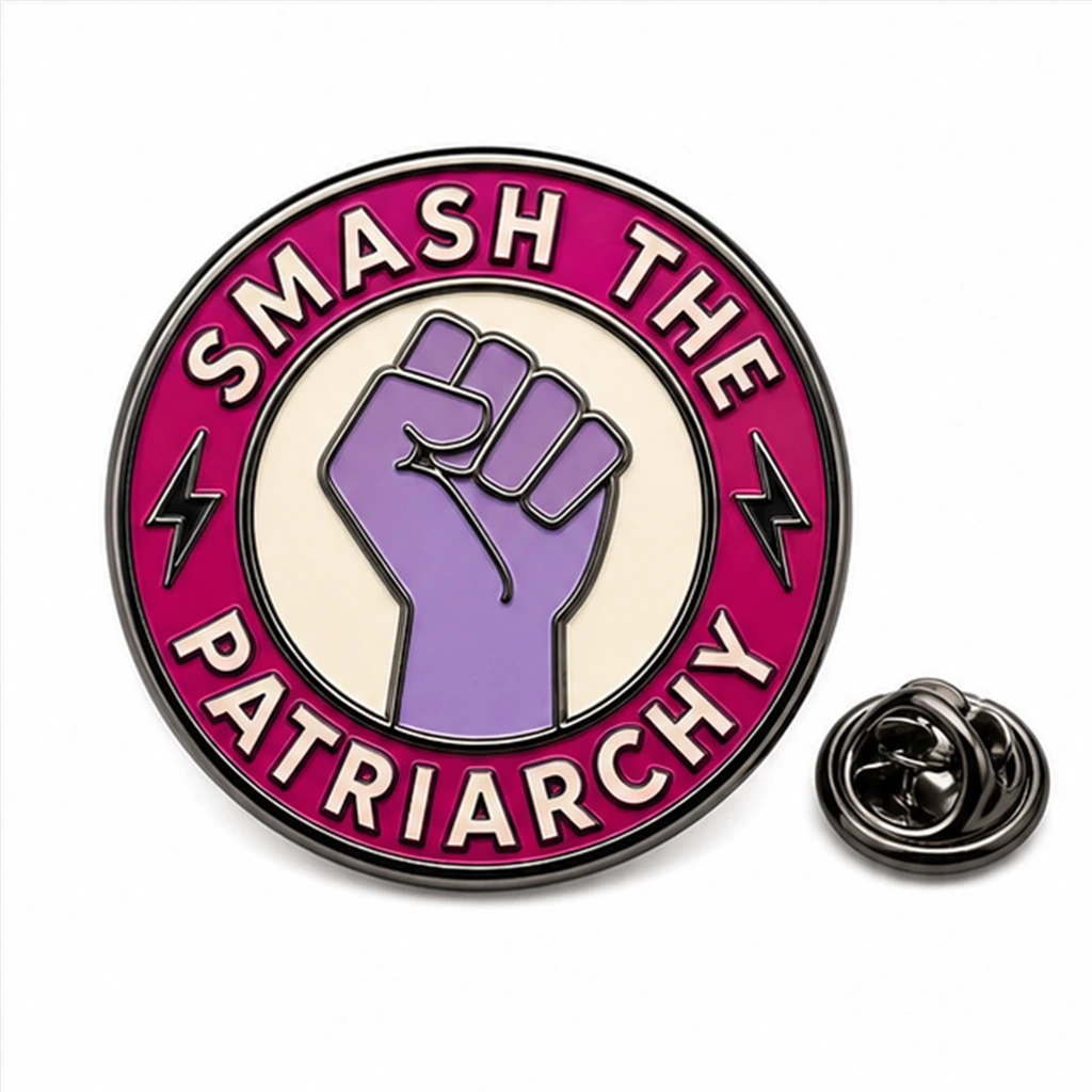 Custom smash the patriarchy fist soft enamel pin with raised metal outlines and butterfly clutch on a white background.