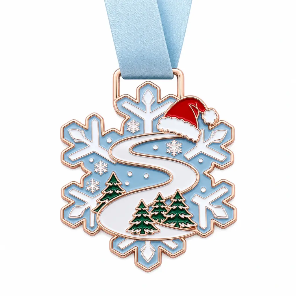 Medalla esmaltada «Santa Run» con motivos de copos de nieve: contornos metálicos en oro rosa, cinta para el cuello en azul hielo, forma de copo de nieve, un remolino que representa una pista de carrera, un gorro de Papá Noel como detalle y fondo blanco.