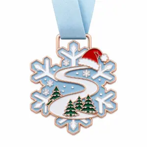 Snowflake path Santa Run Medal soft enamel medal with rose gold metal outlines, icy blue neck ribbon, snowflake shape, running path swirl, Santa hat accent, and white background.