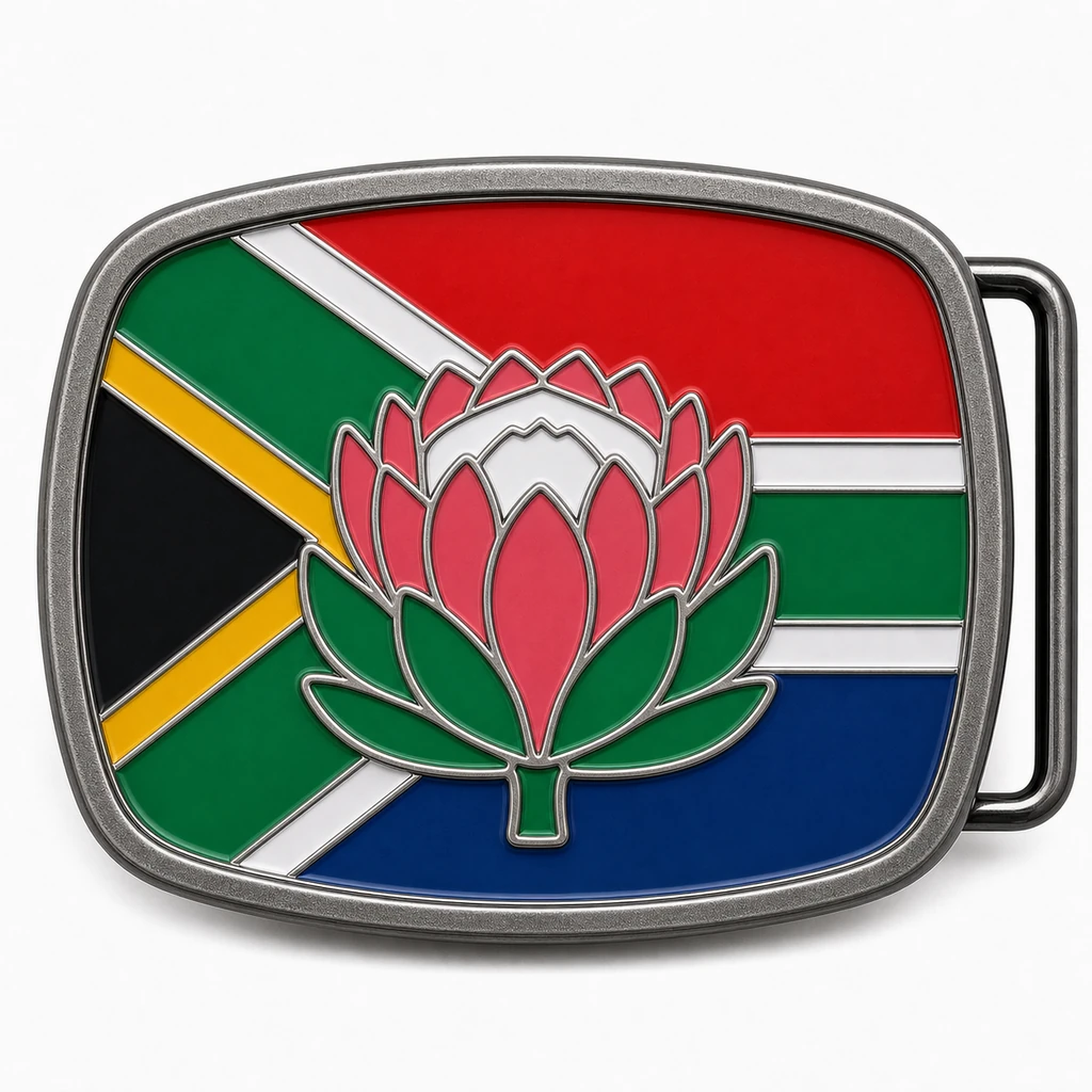 Boucle de ceinture en émail doux de l'Afrique du Sud avec cadre en argent antique, passant de ceinture du côté droit, drapeau multicolore avec fleur de protéa en relief sur fond blanc.