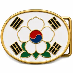 South Korea soft enamel belt buckle with brass metal frame, right side belt loop hardware, white flag field with raised mugunghwa flower design on white background.
