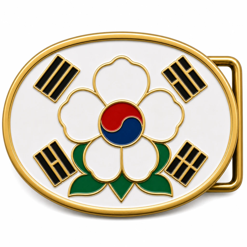 Boucle de ceinture en émail doux de la Corée du Sud avec cadre en métal laitonné, passant de ceinture du côté droit, champ de drapeau blanc avec motif de fleur de mugunghwa en relief sur fond blanc.