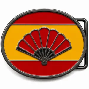 Spain soft enamel belt buckle with black nickel frame, right side belt loop hardware, red and yellow flag background with raised open flamenco fan emblem on white background.