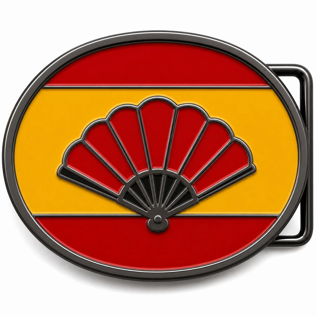 Boucle de ceinture en émail souple de l'Espagne avec cadre en nickel noir, passant de ceinture du côté droit, fond de drapeau rouge et jaune avec l'emblème de l'éventail flamenco ouvert en relief sur fond blanc.