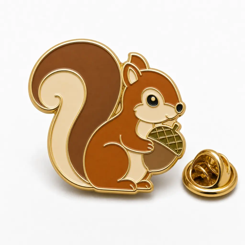 Badge en émail souple avec écureuil tenant un gland, émail brun-orange, contour doré et pochette papillon.