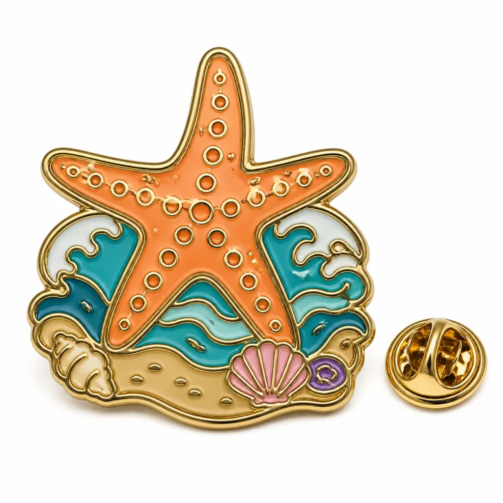 Badge en émail souple Starfish shore avec étoile de mer orange, vagues et coquillages attachés, intercalaires dorés et pochette papillon.