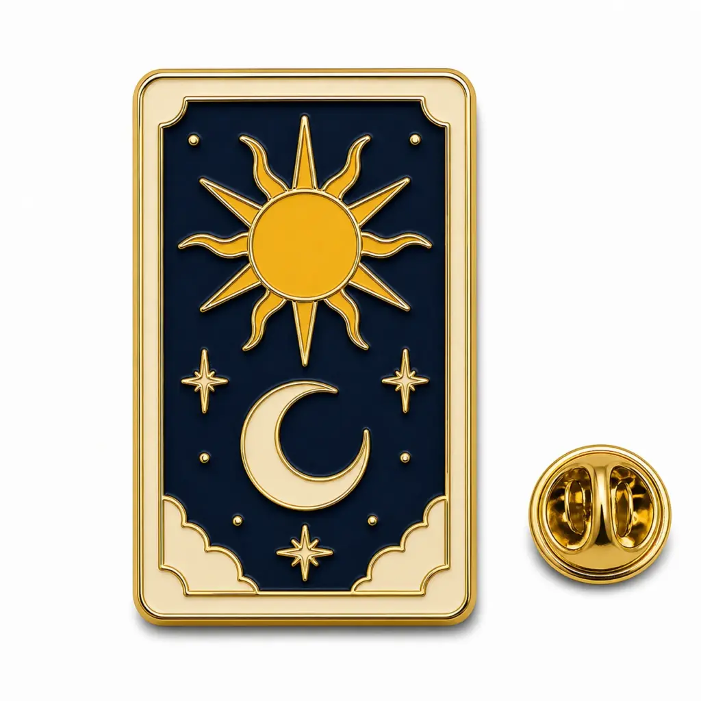 Badge en émail pour cartes de tarot avec soleil, croissant de lune, étoiles, champ de cartes bleu marine, intercalaires dorés et pochette papillon.
