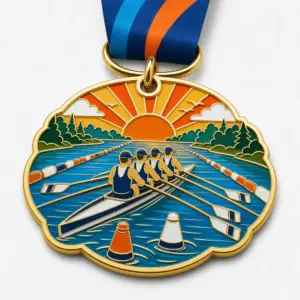 Sunrise Crew Lane Rowing Regatta Medal soft enamel medal with raised metal dividers, rowing shell, crew oars, sunrise water lanes, buoys, ribbon, and white background.