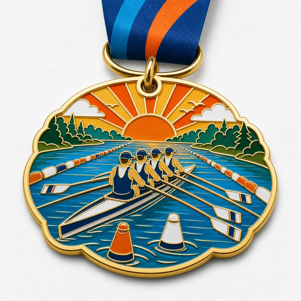Sunrise Crew Lane Rowing Regatta Medal soft enamel medal with raised metal dividers, rowing shell, crew oars, sunrise water lanes, buoys, ribbon, and white background.