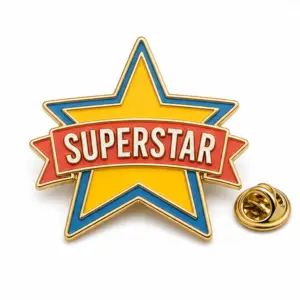 Custom superstar star soft enamel pin with raised metal outlines and butterfly clutch on a white background.