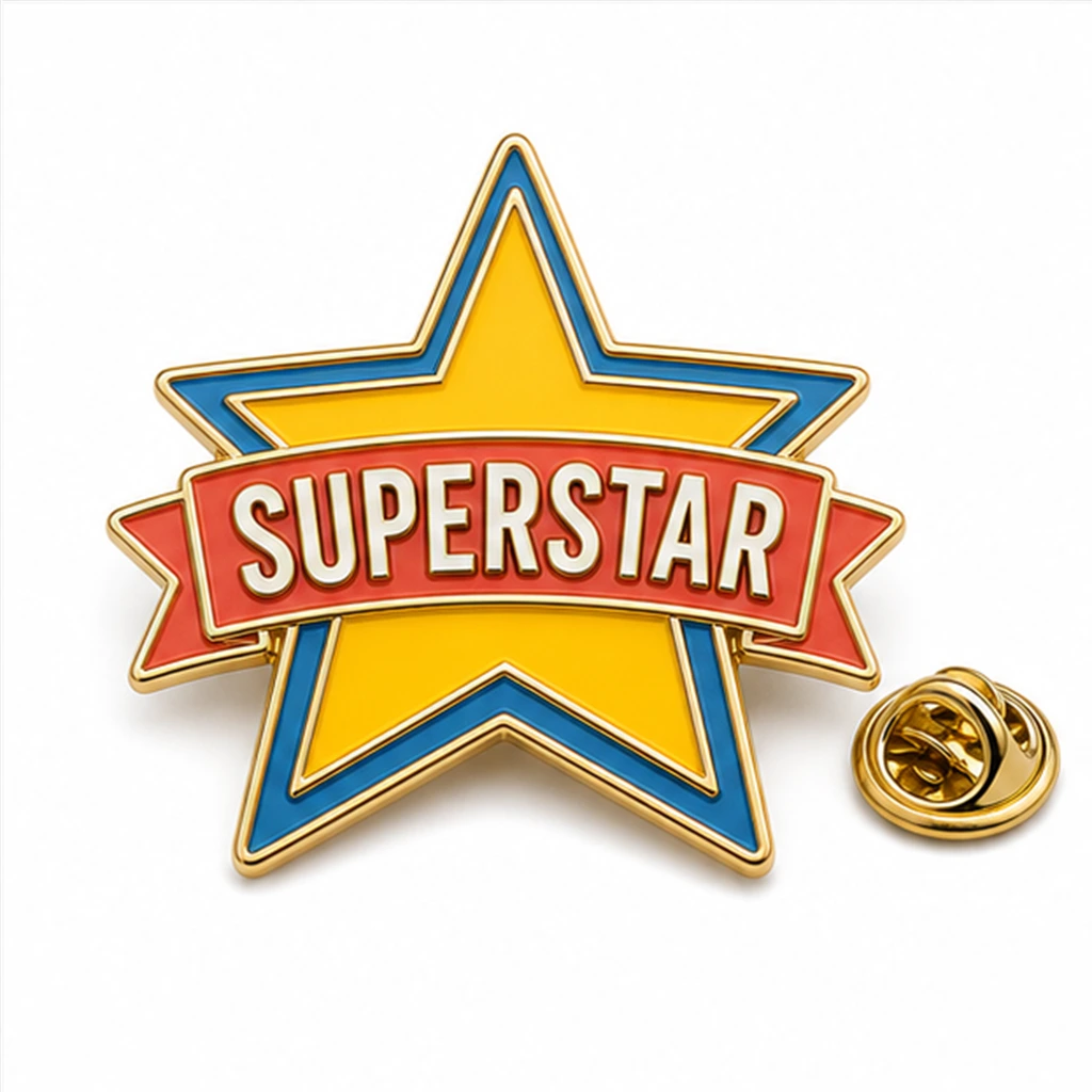 Custom superstar star soft enamel pin with raised metal outlines and butterfly clutch on a white background.