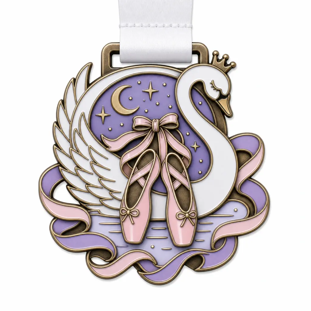 Medalla de ballet con cisne y lazo: medalla de esmalte blando con contornos de metal plateado pulido, lazo blanco para el cuello, marco con forma de cisne, detalle de zapatilla de ballet, ondas de esmalte azul y fondo blanco.