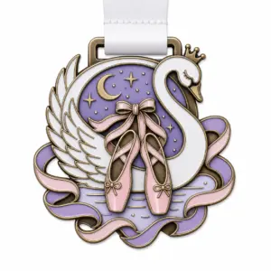 Swan ribbon Ballet Medal soft enamel medal with polished silver metal outlines, white neck ribbon, swan-shaped frame, ballet slipper accent, blue enamel waves, and white background.