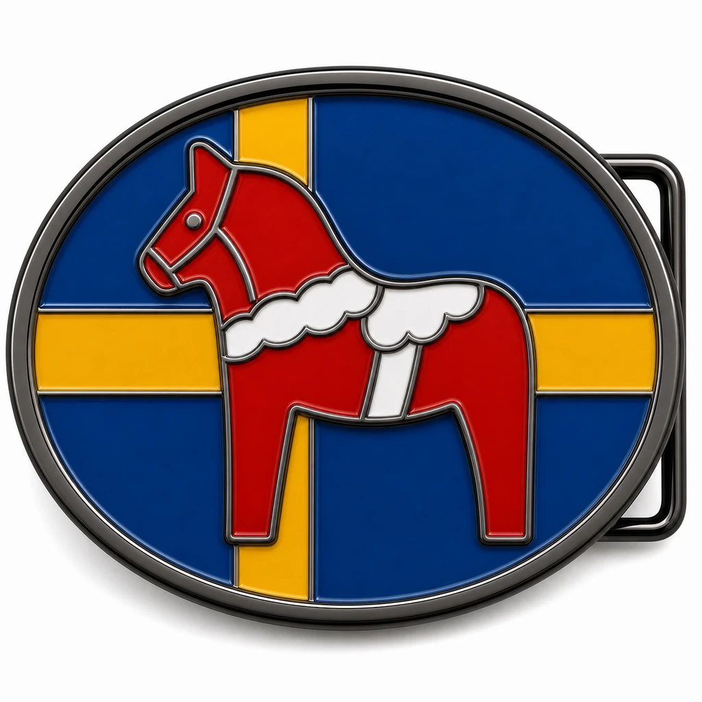 Boucle de ceinture en émail doux de Suède avec cadre en nickel noir, passant de ceinture du côté droit, fond bleu et jaune du drapeau de la croix nordique avec emblème en relief du cheval Dala sur fond blanc.