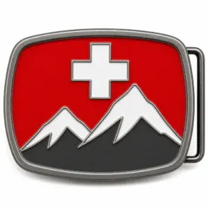 Switzerland soft enamel belt buckle with antique silver frame, right side belt loop hardware, red flag field with raised Alps mountain design on white background.