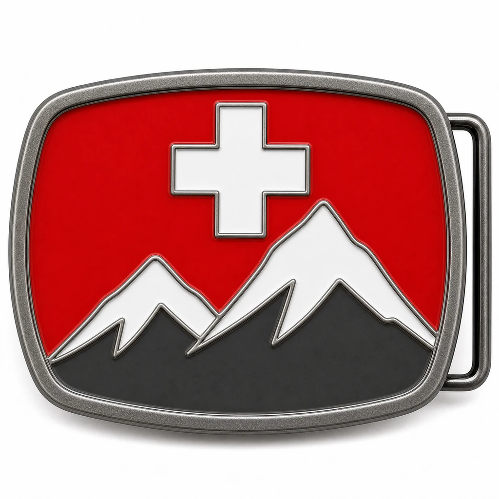 Boucle de ceinture en émail souple de la Suisse avec cadre en argent antique, passant de ceinture du côté droit, champ de drapeau rouge avec motif de montagne des Alpes en relief sur fond blanc.