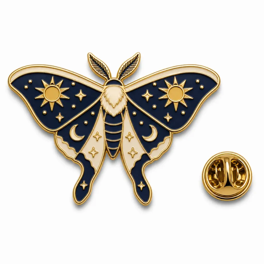 Badge symétrique en émail de papillon de nuit céleste avec des ailes de couleur marine, des alvéoles de soleil et de lune, des séparateurs dorés, des étoiles et une pochette de papillon.