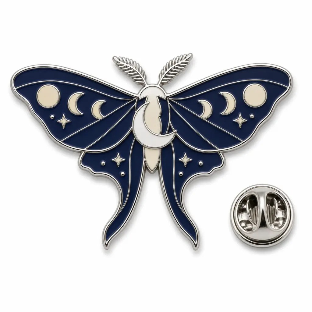 Badge symétrique en émail avec ailes marines, corps en croissant de lune, intercalaires argentés, cellules de phase de lune et pochette papillon.