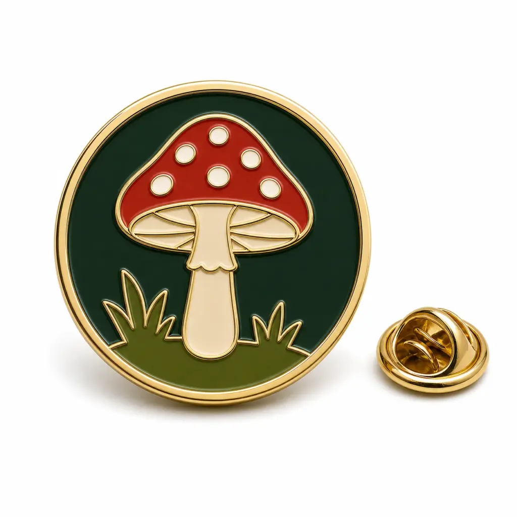 Épingle en émail doux en forme de champignon sauvage avec base en herbe, séparateurs en métal doré et pochette à papillon sur fond blanc.