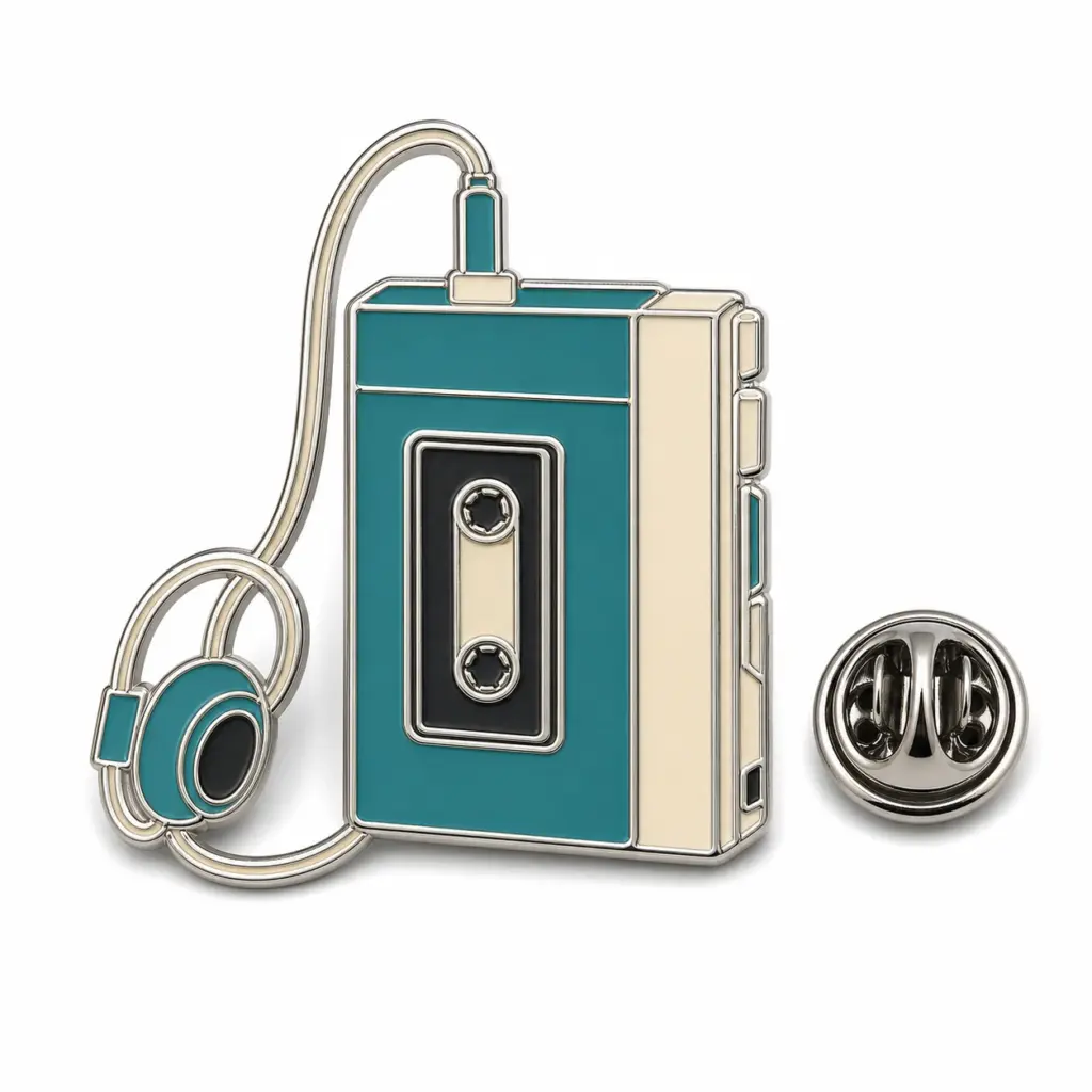 Badge en émail de lecteur de cassettes portable vintage sarcelle avec écouteurs, accents crème, séparateurs argentés et pochette papillon.