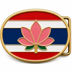 Thailand soft enamel belt buckle with brass metal frame, right side belt loop hardware, red white and blue flag bands with raised lotus flower design on white background.