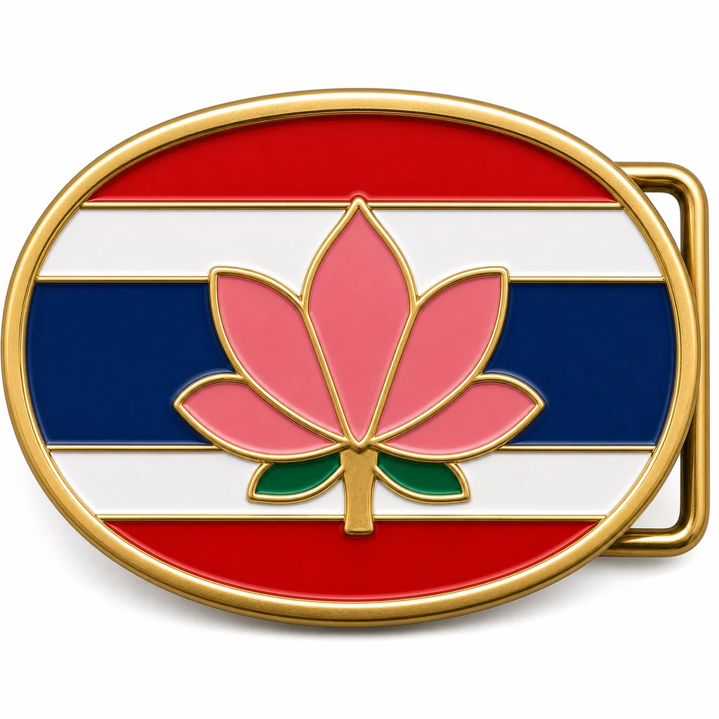 Boucle de ceinture en émail doux de Thaïlande avec cadre métallique en laiton, passant de ceinture du côté droit, bandes de drapeau rouge, blanc et bleu avec motif de fleur de lotus en relief sur fond blanc.