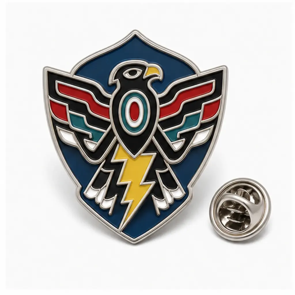 Custom thunderbird lightning crest soft enamel pin with connected wing, bolt, and crest shapes plus butterfly clutch.