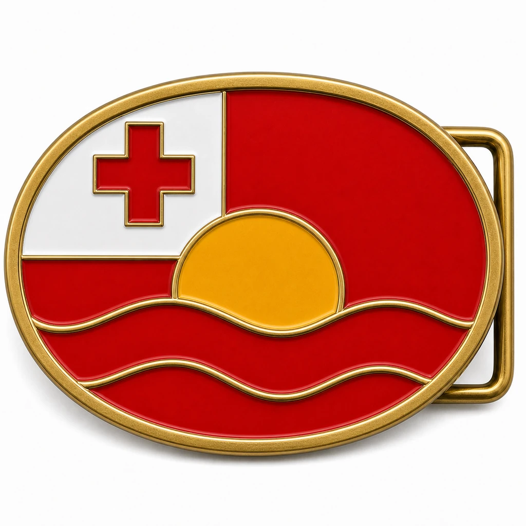 Boucle de ceinture en émail souple des Tonga avec cadre en métal laitonné, passant de ceinture du côté droit, drapeau rouge et blanc avec motif de vague de soleil en relief sur fond blanc.