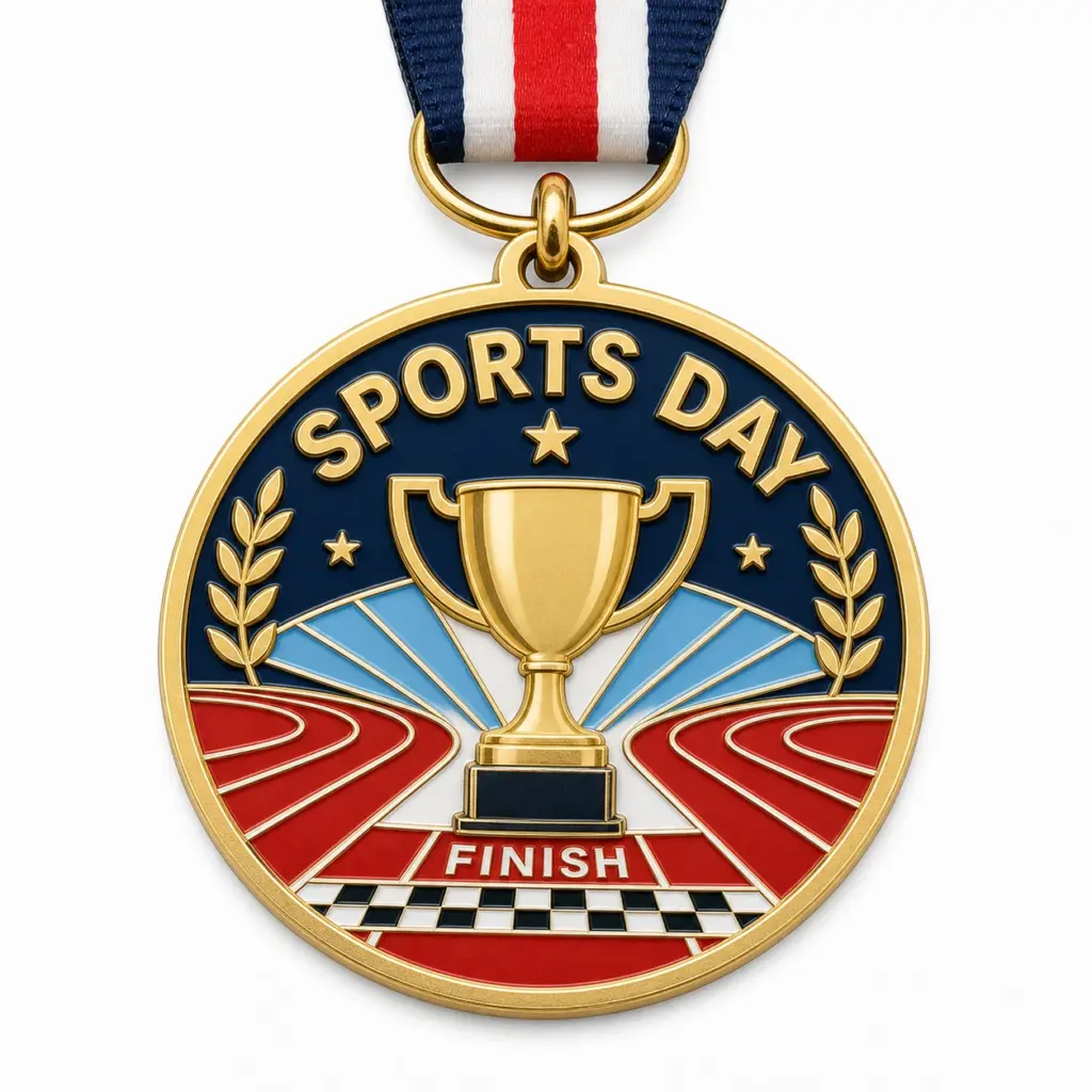 Medalla deportiva para el día del deporte, con esmalte blando, separadores metálicos en relieve, rellenos de esmalte brillante, cinta incorporada y fondo blanco de estudio.
