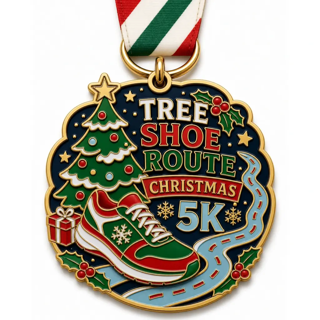 Medalla de la carrera «Tree Shoe Route Christmas 5K»: medalla de esmalte blando con separadores metálicos en relieve, rellenos de esmalte brillante, cinta incorporada y fondo blanco de estudio.