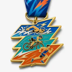 Tri Spark Sprint Tri Medal soft enamel medal with raised metal dividers, lightning course shape, swimmer, cyclist, runner, speed sparks, ribbon, and white background.