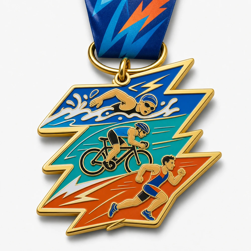 Tri Spark Sprint Tri Medal soft enamel medal with raised metal dividers, lightning course shape, swimmer, cyclist, runner, speed sparks, ribbon, and white background.