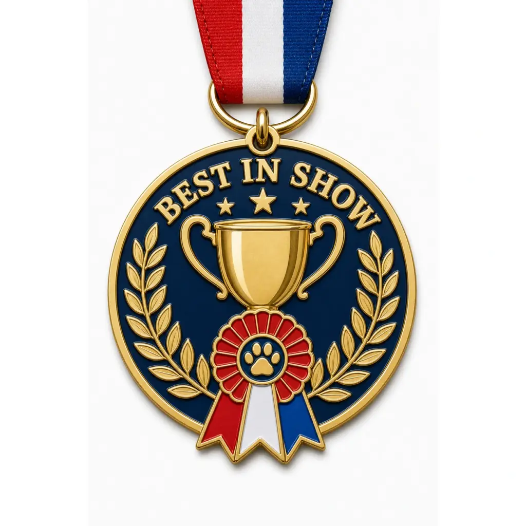 Cinta de trofeo, medalla al «Mejor de la exposición», medalla de esmalte blando con separadores metálicos en relieve, rellenos de esmalte brillante, cinta incorporada y fondo blanco de estudio.