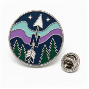 Custom true north aurora arrow soft enamel pin with connected arrow, sky bands, raised dividers, and butterfly clutch.