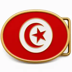 Tunisia soft enamel belt buckle with gold metal frame, right side belt loop hardware, red flag field with raised crescent and star design on white background.