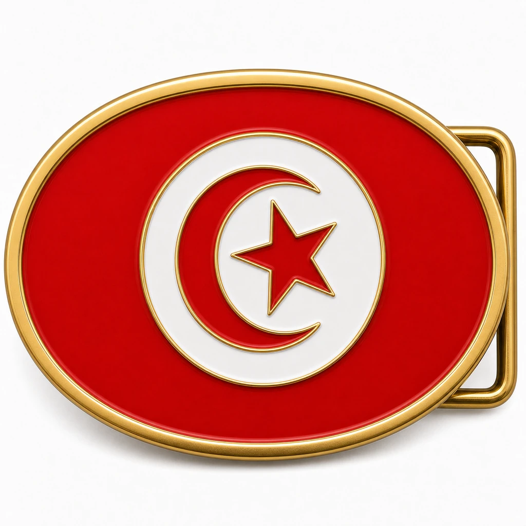 Boucle de ceinture en émail souple de la Tunisie avec cadre en métal doré, passant de ceinture du côté droit, champ du drapeau rouge avec croissant et étoile en relief sur fond blanc.