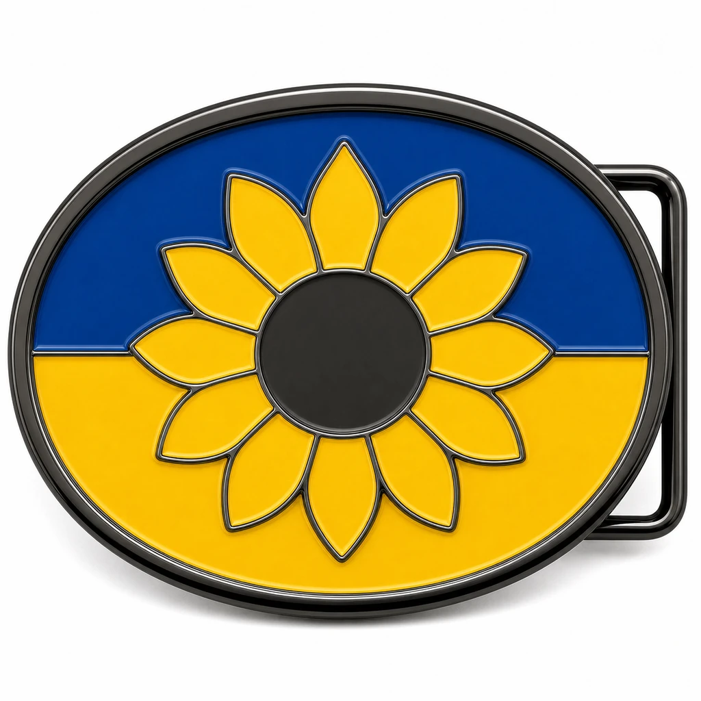 Boucle de ceinture en émail souple de l'Ukraine avec cadre en nickel noir, passant de ceinture du côté droit, drapeau bleu et jaune avec motif de tournesol en relief sur fond blanc.