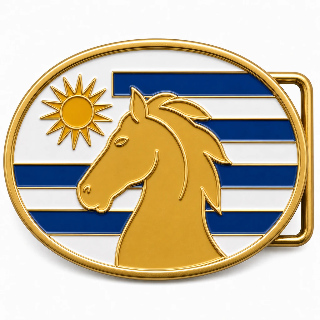 Hebilla de cinturón de esmalte blando de Uruguay con estructura de latón, herrajes para la presilla del lado derecho, diseño de bandera a rayas azules y blancas con un caballo en relieve sobre fondo blanco.