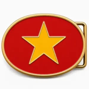 Vietnam soft enamel belt buckle with gold metal frame, right side belt loop hardware, red flag field with raised yellow star design on white background.