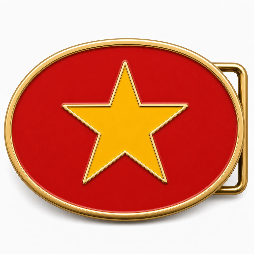 Hebilla de cinturón de esmalte blando de Vietnam con marco metálico dorado, herrajes para la presilla del cinturón en el lado derecho, campo con una bandera roja y una estrella amarilla en relieve sobre fondo blanco.