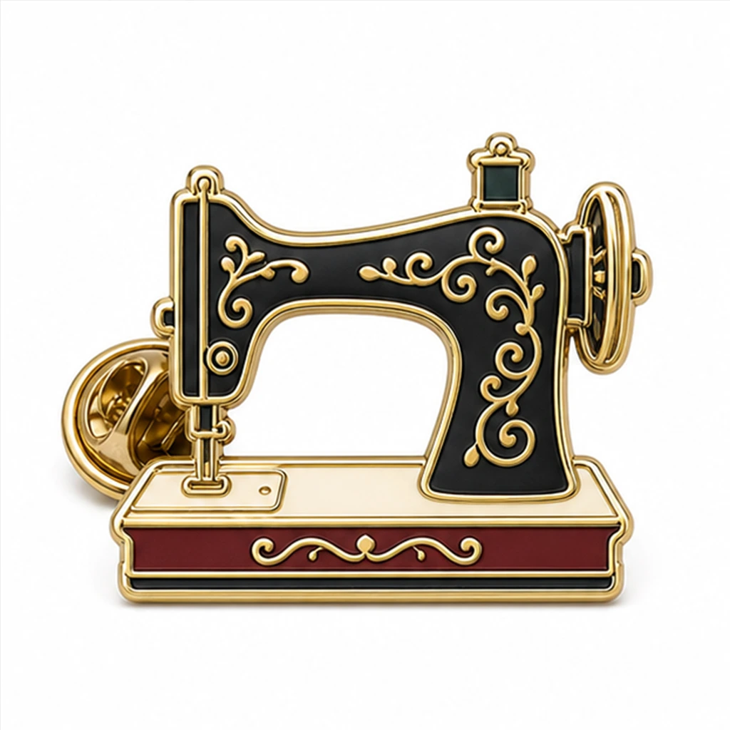 Custom vintage sewing machine soft enamel pin with raised metal outlines and butterfly clutch on a white background.