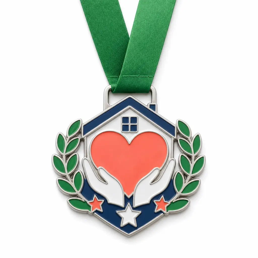 Medalla de servicio comunitario «Escudo del voluntario»: medalla de esmalte blando con contornos de metal plateado pulido, cinta verde para el cuello, forma de escudo en forma de corazón, ramas de laurel, detalles de una mano y una estrella, y fondo blanco.