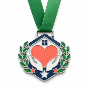 Volunteer shield Community Service Medal soft enamel medal with polished silver metal outlines, green neck ribbon, heart shield shape, laurel branches, hand and star accents, and white background.
