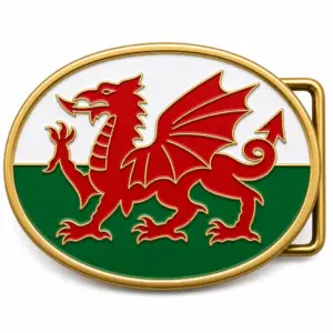 Wales soft enamel belt buckle with gold metal frame, right side belt loop hardware, white and green flag fields with raised red dragon design on white background.