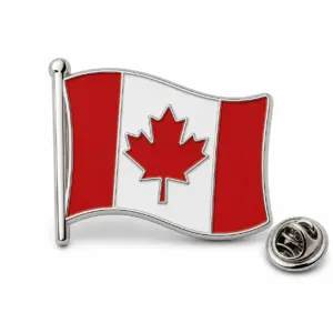 Custom waving Canadian flag soft enamel pin with silver outlines and butterfly clutch on a white background.
