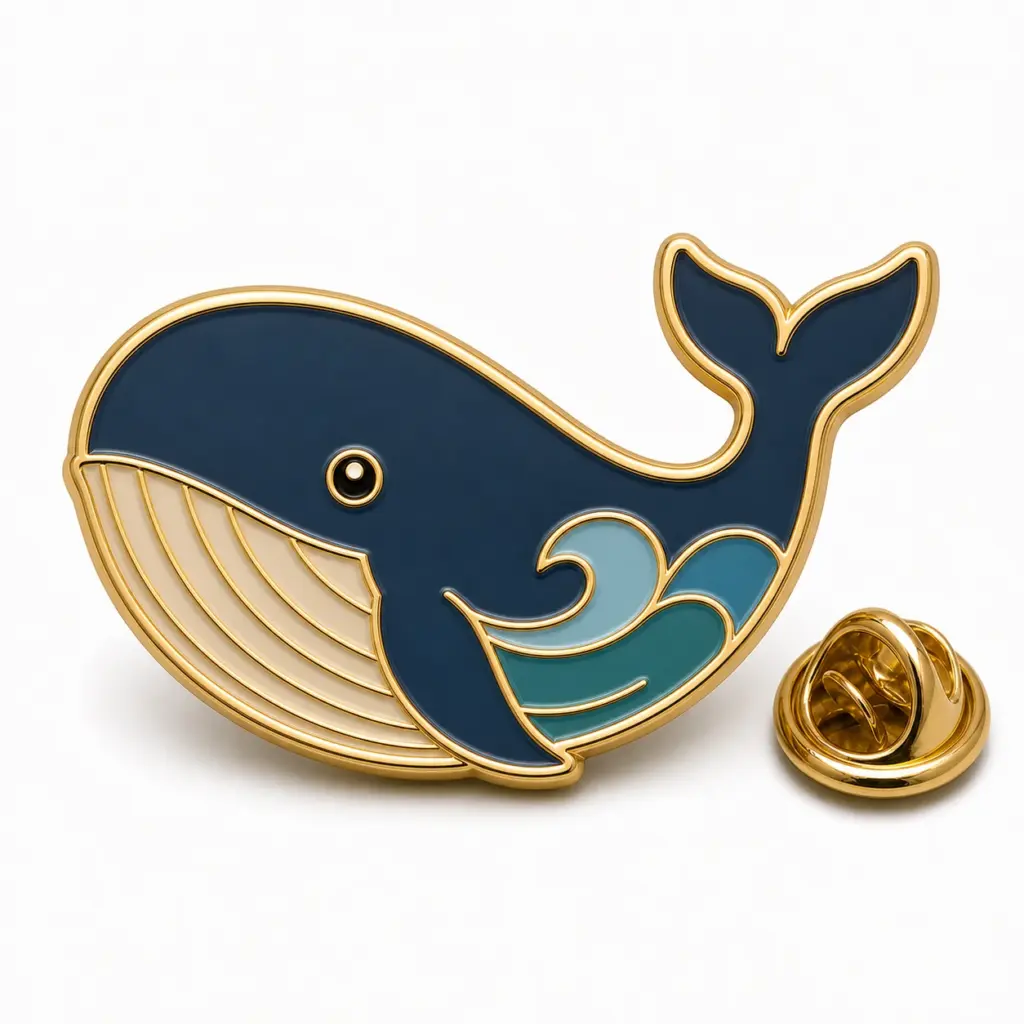 Badge baleine en émail souple avec baleine bleue, détail des vagues, émail bleu marine, contour doré et pochette papillon.