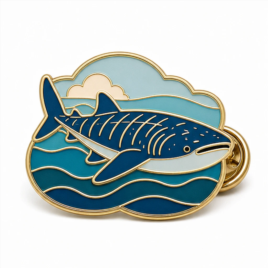 Custom whale shark ocean soft enamel pin with raised metal outlines and butterfly clutch on a white background.