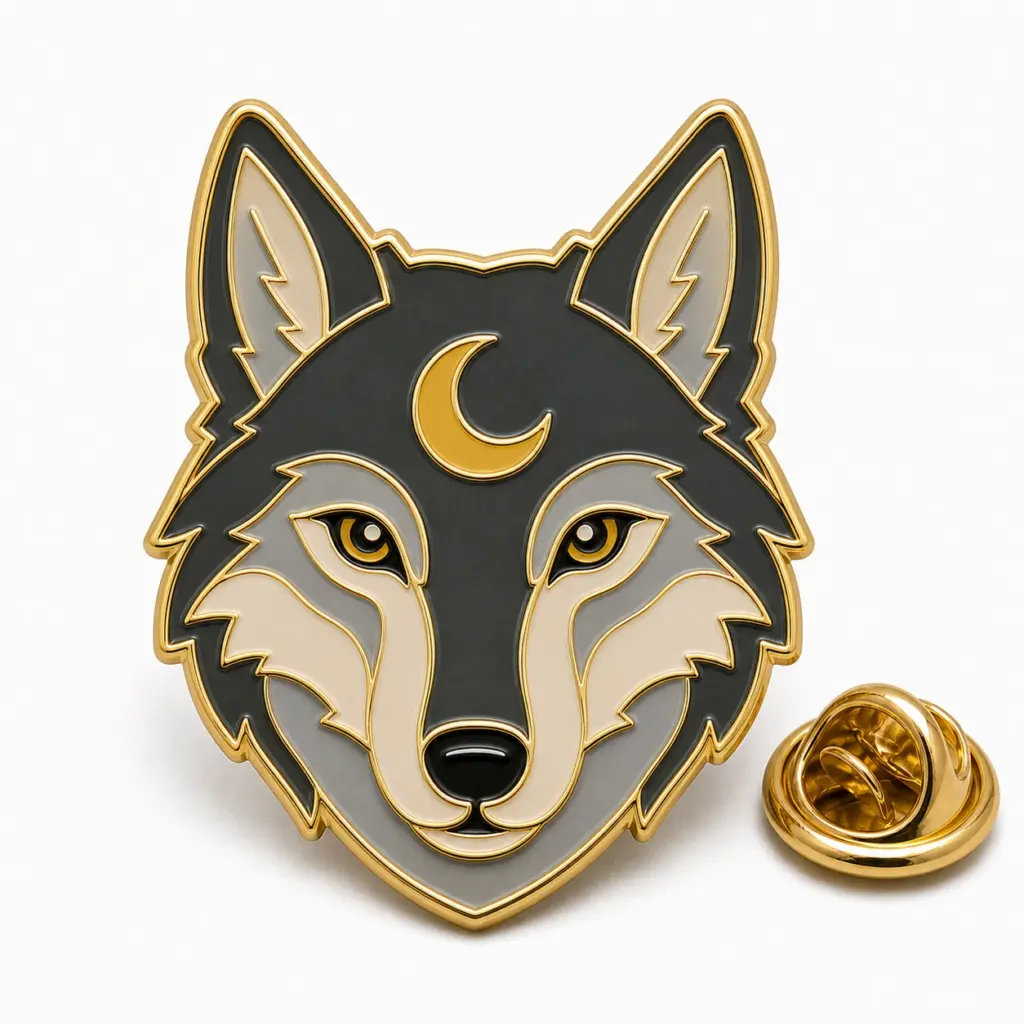 Badge en émail souple Wolf moon avec tête de loup, croissant de lune, émail marine, séparateurs dorés et pochette papillon.
