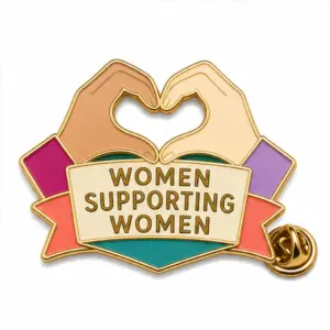 Custom women supporting women hands soft enamel pin with raised metal outlines and butterfly clutch on a white background.