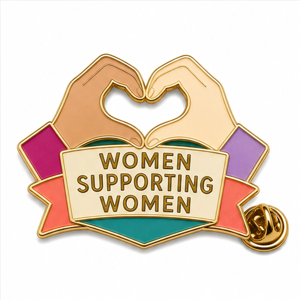 Custom women supporting women hands soft enamel pin with raised metal outlines and butterfly clutch on a white background.